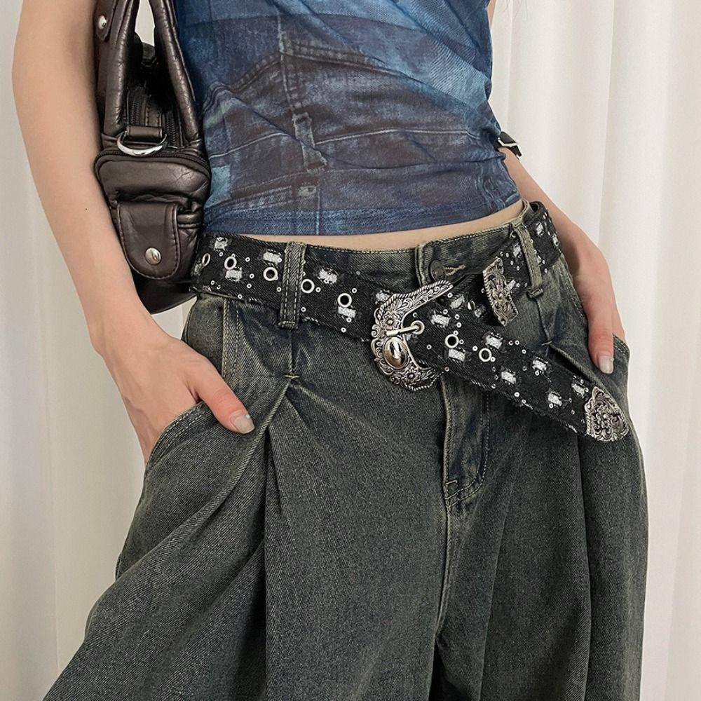 Korean Style Metal Buckle Belts Y2k Vintage Wide Belt Personality Retro Jeans Belt  Women