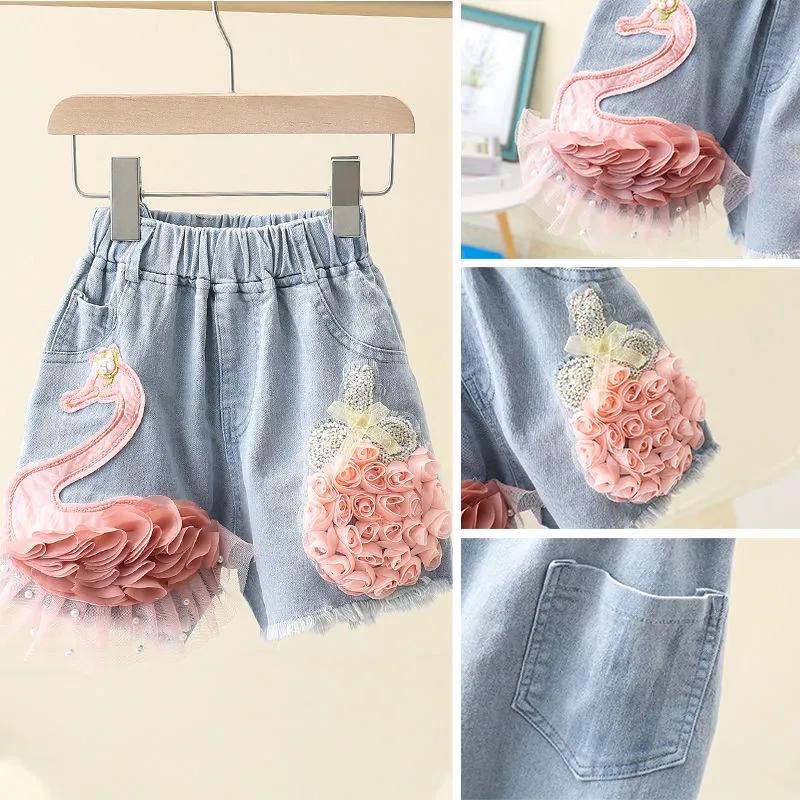 Girls' Denim Shorts In Summer Swan Girls Wear Pants Outside Summer