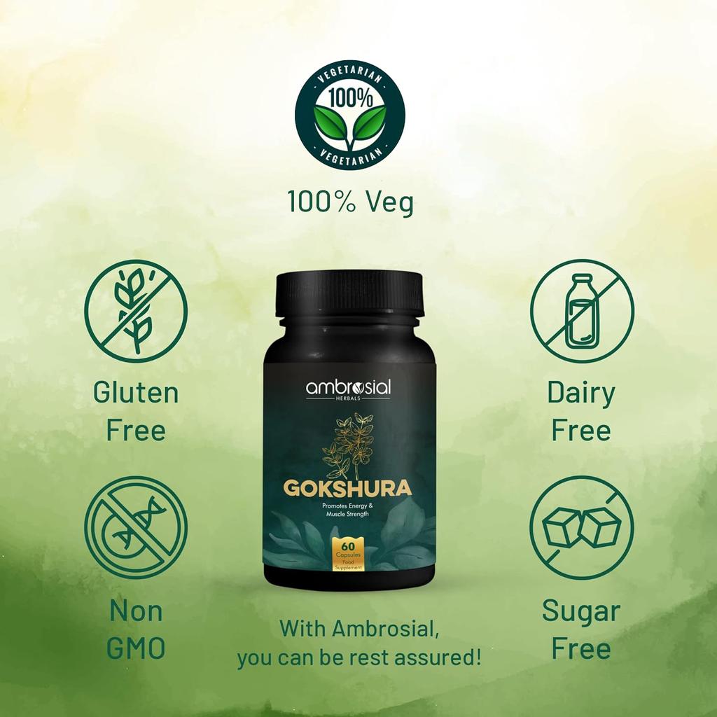 AMBROSIAL Gokshura Таблетки Tribulus Terrestris Высокая концентрация Gokshura 500 мг Каждая капсула (Упаковка 1-60 капсул)