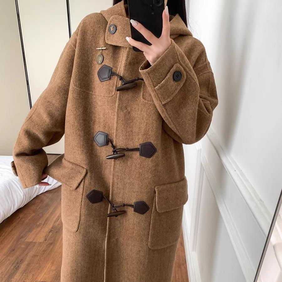 Классическое двустороннее шерстяное пальто в клетку с принтом "Медведь", пальто на роговых пуговицах для невысоких