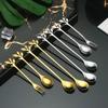 Golden Silver Water Cup Stirring Spoons Leaf Shape Dessert Spoon Fork Fruit Scraping Spoon Fork