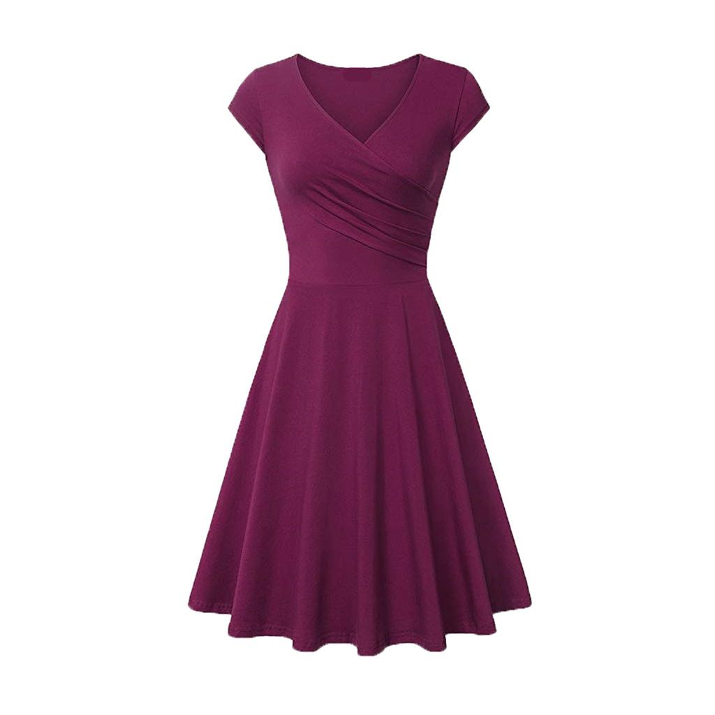 Fashion Women Solid Color Dress V-Neck Short Sleeve Evening Party Dress