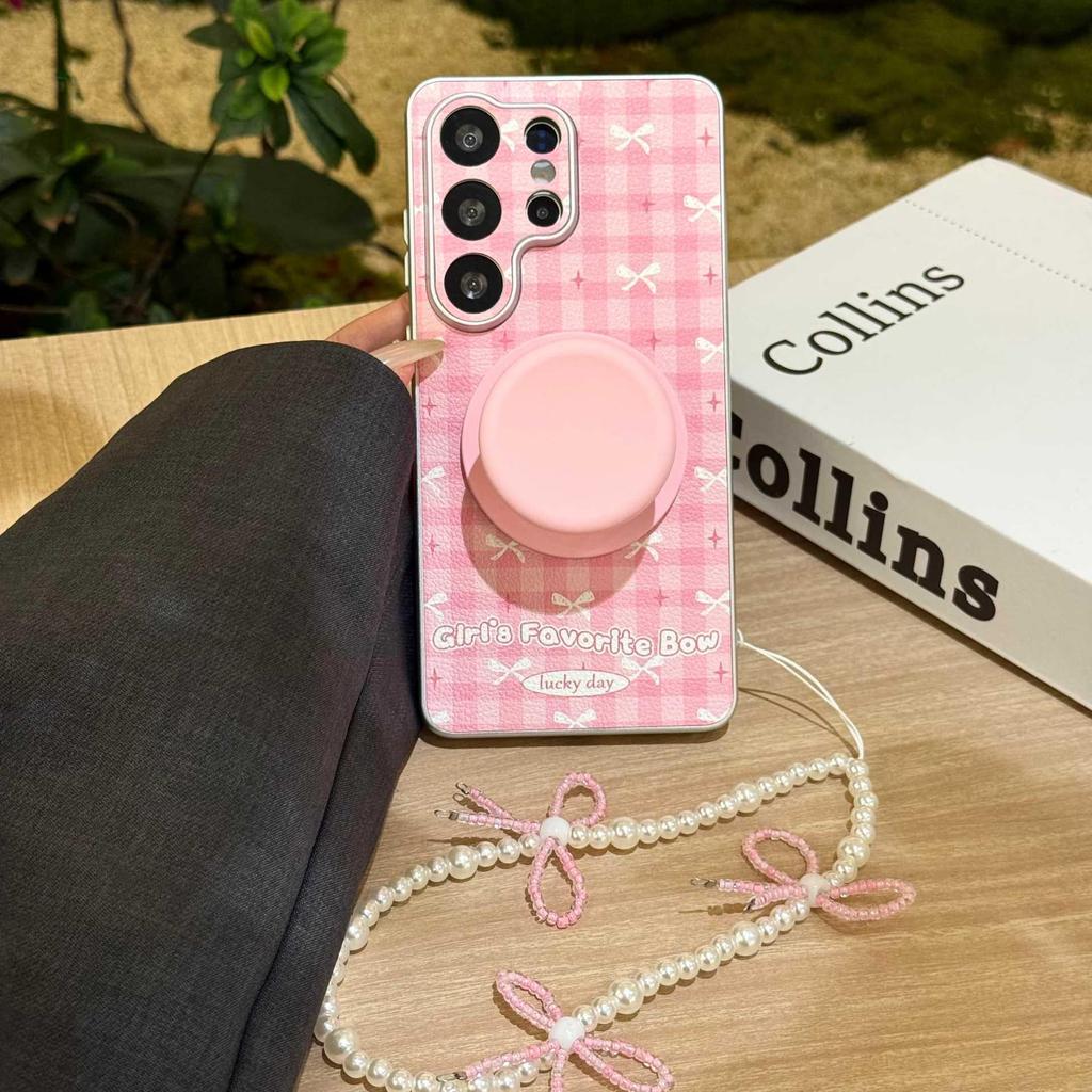 Pink Plaid Bow Magnetic Stand iPhone Case for Models 14, 15 Pro Max, 16, and Apple 17