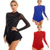 Womens Girls Figure Skating Dance Dresses Glitter Rhinestone Sheer Mesh Patchwork Long Sleeve Leotard Dress