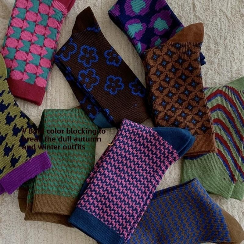 Ретро клетчатые носки, женские полосатые носки до середины икры, махровые носки