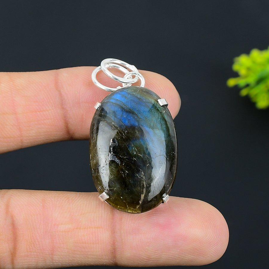 Natural Labradorite Gemstone Handmade 925 Sterling Silver Pendant 1.81" Q9v82