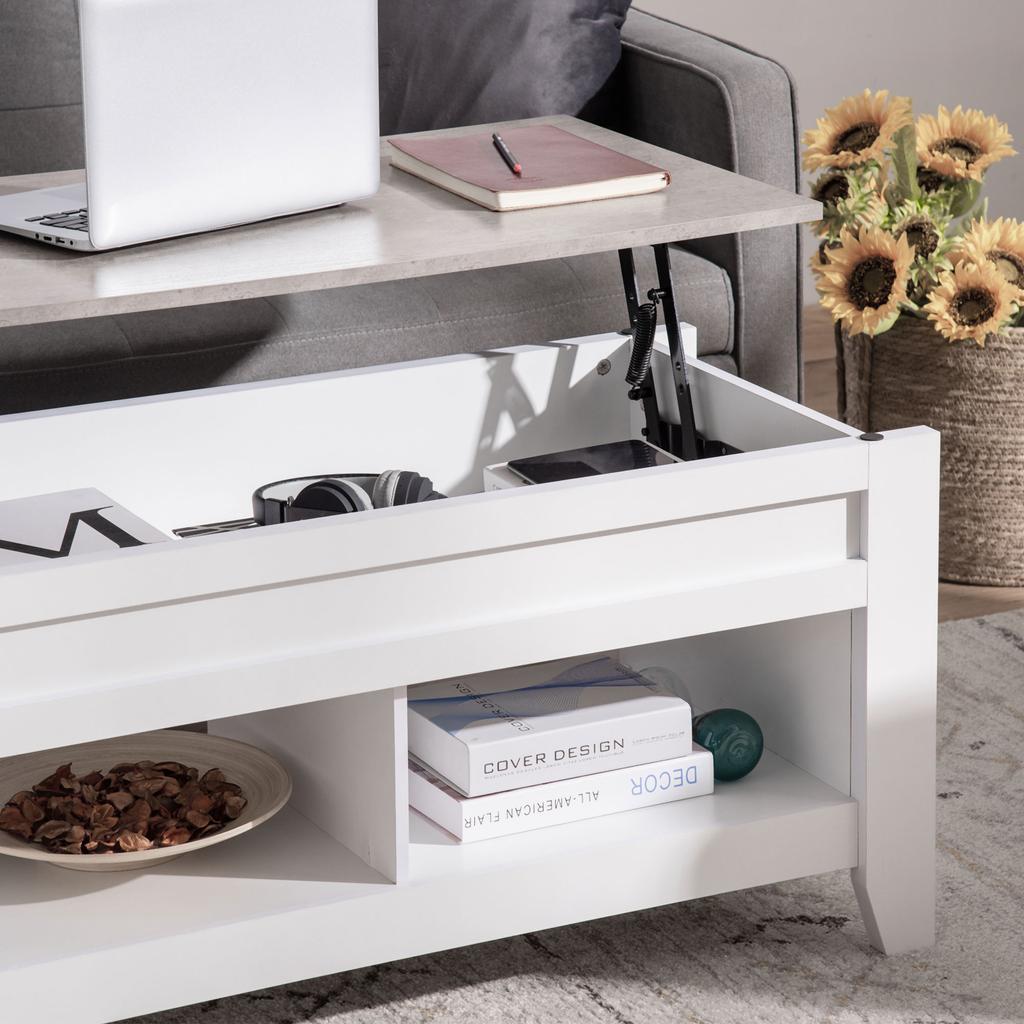 Lift-Top Coffee Table Coffee Table with Lift-Top Surface 2 Open Compartments and Hidden Storage Space 105x50x49 cm White and Marble Effect