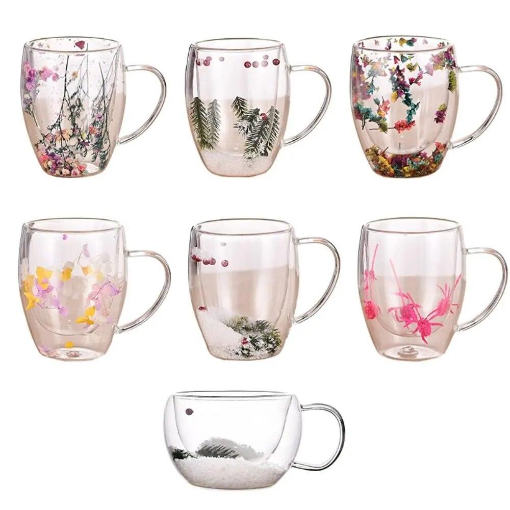 Floral Dry Flowers Cup Simple Heat Resistant Double Wall Glass Cup INS Trends High Borosilicate Glass Tea Coffee Cups