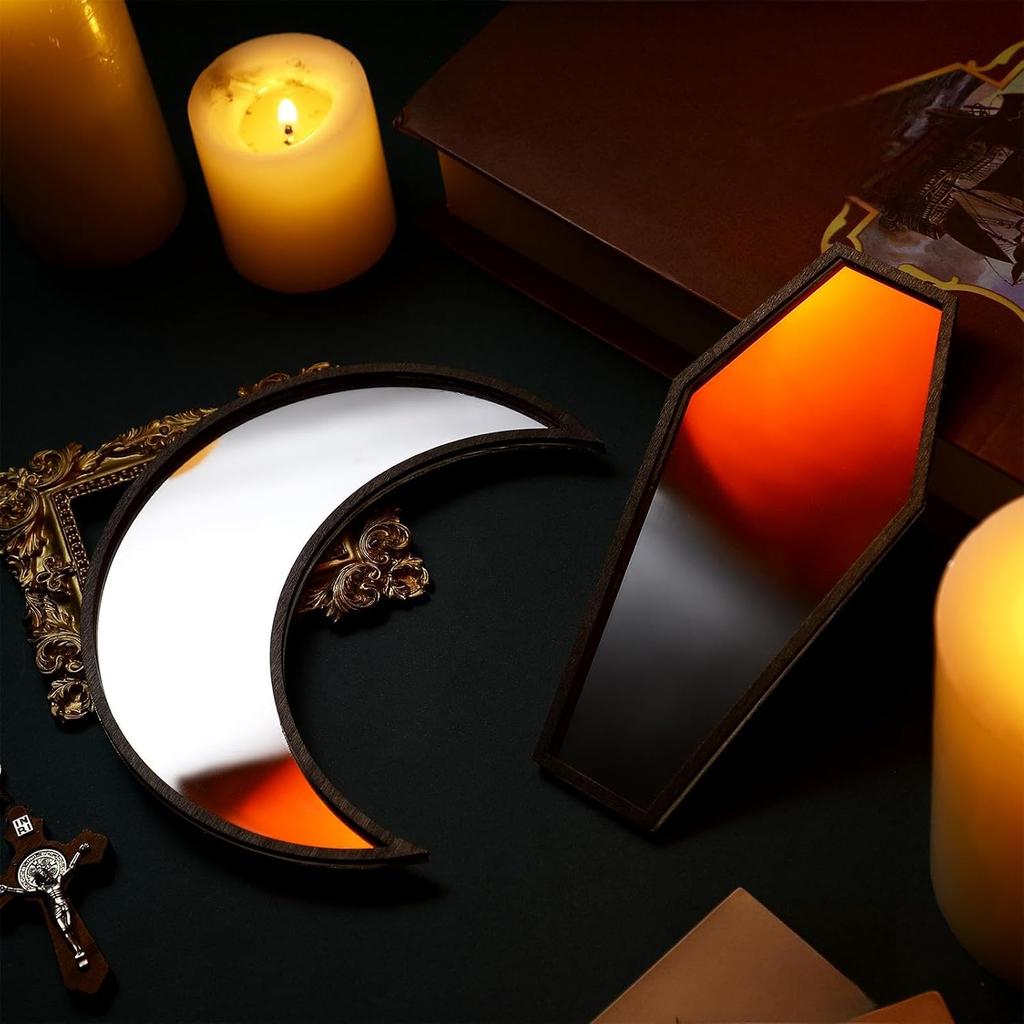 Marsui 2 Pieces Tiny Coffin Moon Mirror Cute Goth Room Decor Spooky Gothic Decorative Mirror Rustic Black Wall Decor Wall-Mounted for Halloween