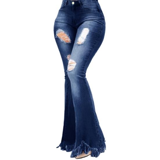 Женские осенние джинсовые расклешенные брюки с высокой посадкой, застежка на молнию и пуговицу, рваные отверстия