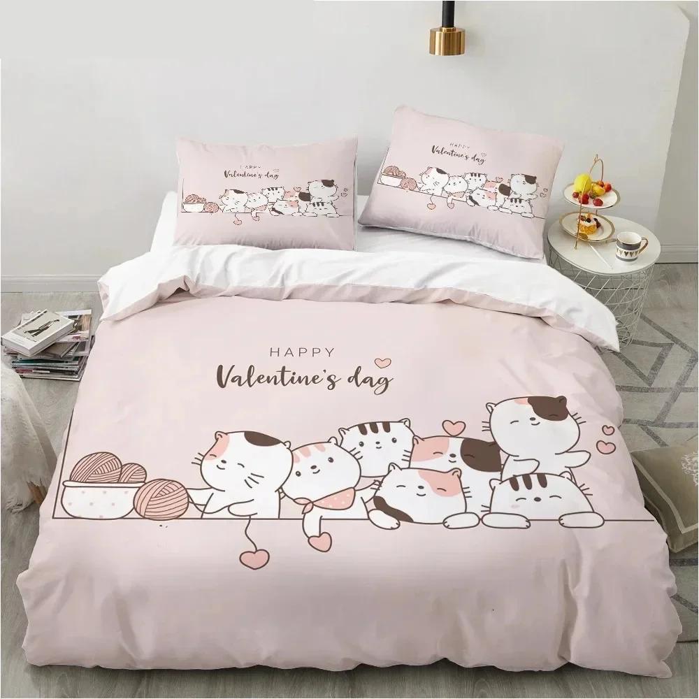 New 3D Print Cartoon Cat and Fish Comfortable Duvet Quilt Cover Pillowcase Bedding Set Children Bedroom Decoration Home Textile
