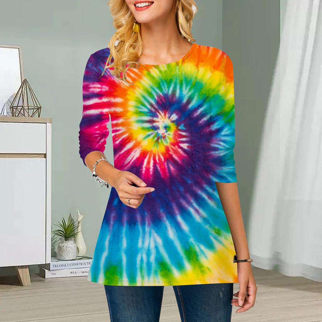 Плюс Размер Женский Цветочный Tie-dye Принт Круглый Вырез Повседневный Свободный Длинный Рукав Топ