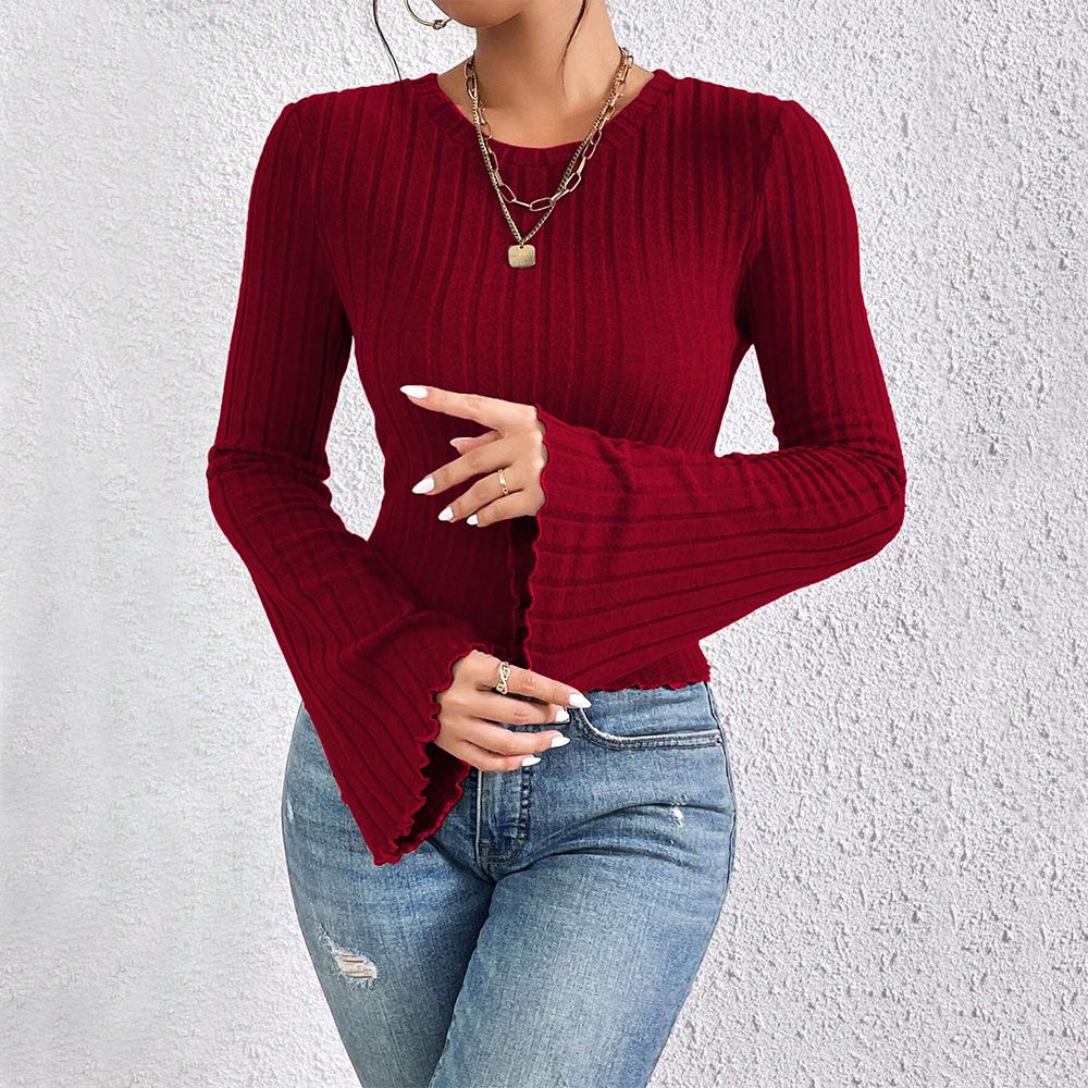 2024 Burgundy Bell Sleeve Round Neck T-Shirt – Versatile Autumn/Winter Top