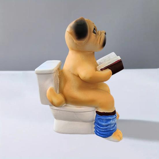 Pug Sitting On Toilet Figurine Reading Book Dog Resin Statue Puppy Animal Sculpture
