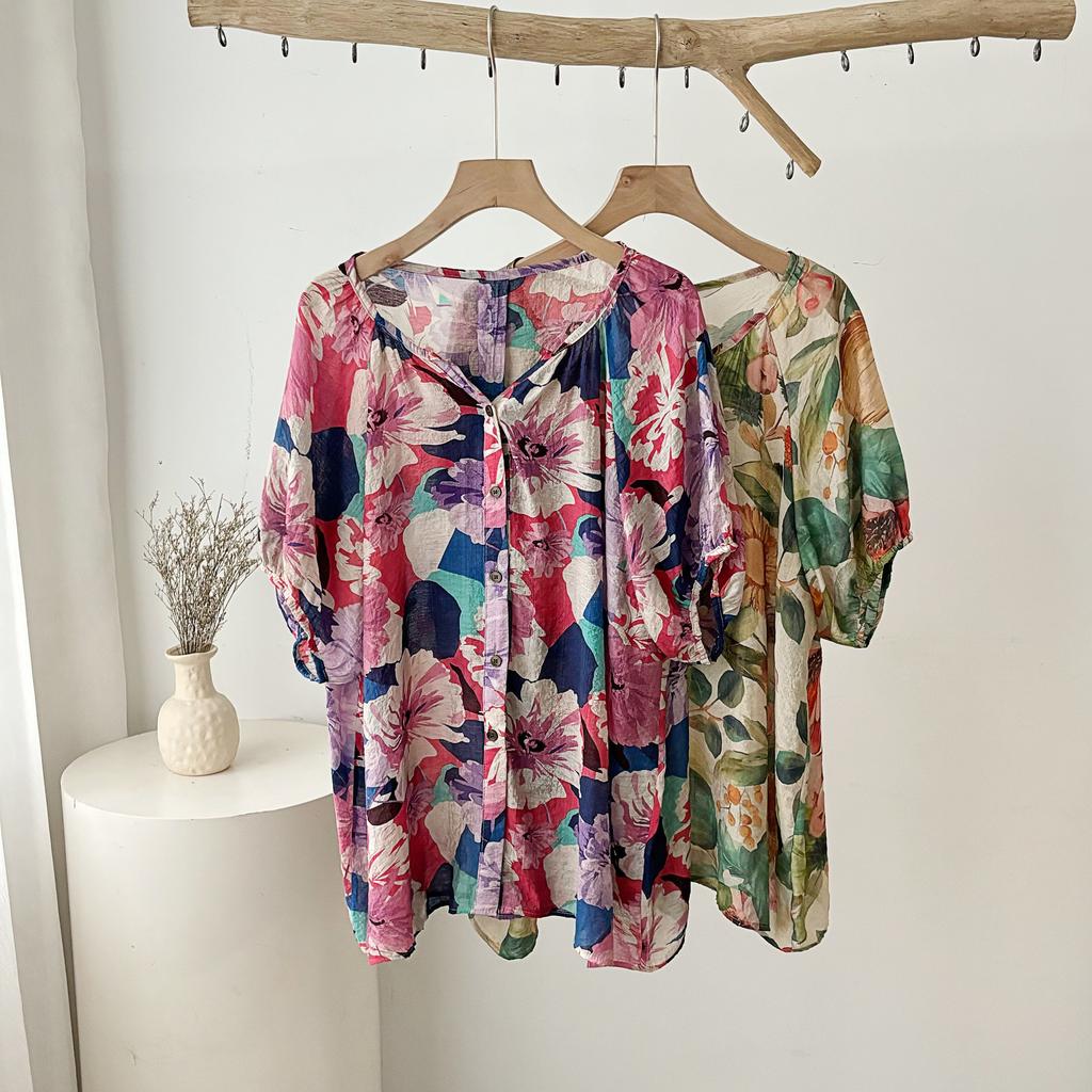 Dimanaf 2025 Новые летние женские льняные футболки с коротким рукавом, пуговицами и цветами, базовые модные топы с круглым вырезом, свободные футболки