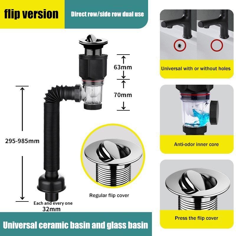 Universal Flip Stainless Steel Washbasin Washbasin Sink Wall Drainage Pipe Kitchen Bathroom Accessories Anti Odor Drainage Pipe