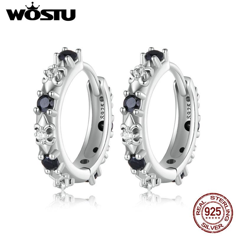 WOSTU Solid 925 Sterling Silver Black Zircon Onyx Hoop Earrings For Women Iris Flower Vintage Style Ear Clips Party Jewelry Gift