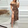 Женское модное платье с коротким рукавом и леопардовым принтом до колена с открытыми плечами