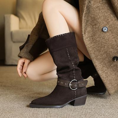 Мода 2025 Новый тренд Женские полусапоги из коровьей замши в стиле вестерн Осенне-зимние Кофейно-карамельные Заостренный носок Пряжка Толстый каблук Обувь