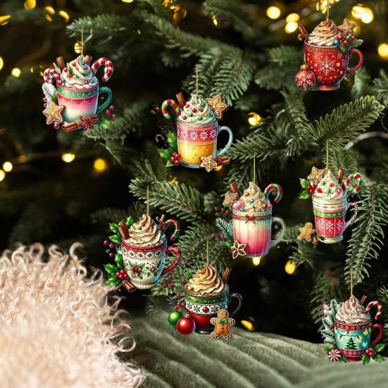 Yousheng 8 шт. Рождественские украшения, подвесные чашки горячего какао-кофе, украшения для рождественской елки, 2D, плоские акриловые украшения для декора елки