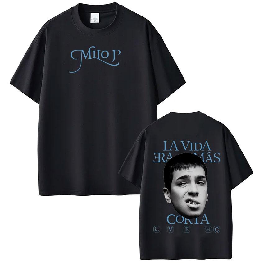 New album graphic Tshirt of rapper Milo J La Vida Era Mas Corta for SpringSummer 2026fashion hiphop cotton shortsleeved top
