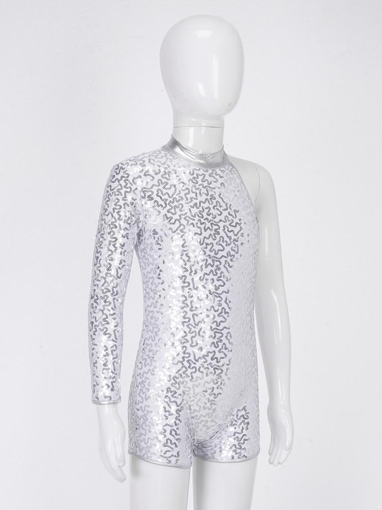 Kids Girls Single Long Sleeve Gymnastics Leotard Sequins Ballet Dance Unitards Short Jumpsuit