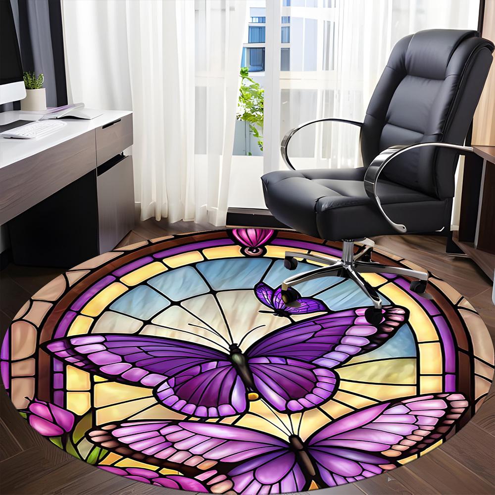 1pc Butterfly StainedGlass Office Round Area Rug, Mat Suitable ForOffice, Under Office Chairs Bedroom Living Room Home Decor, Room Deco