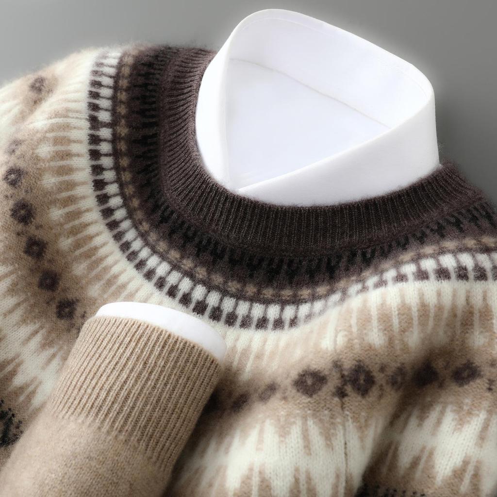 Мужской кашемировый свитер с узором Fair Isle - С круглым вырезом, ретро-жаккард, мягкий и приятный для кожи, утолщенный дизайн, модный стиль