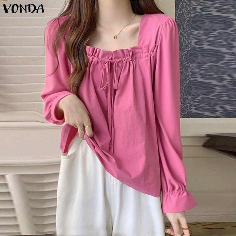 VONDA Женские блузки топы с квадратным вырезом, длинным рукавом, шнуровкой, однотонные, элегантные