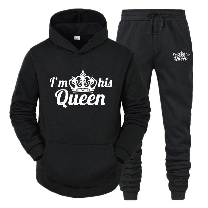Спортивный костюм для влюбленных, толстовки с принтом QUEEN KING, толстовка для пар, одежда больших размеров с капюшоном, женские толстовки, комплект из двух предметов