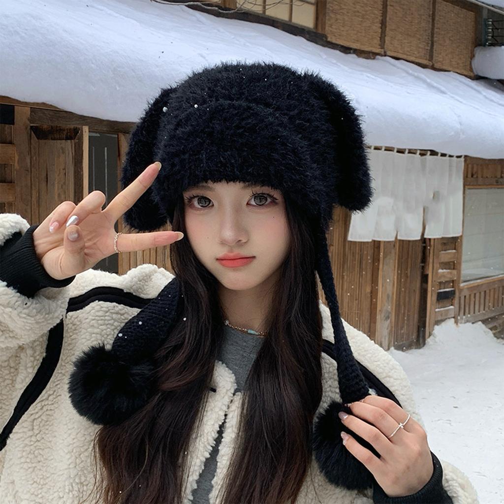 Ladies' Cute Plush Hat Outdoor Warm Hoodie Knitted Hat