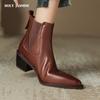 2024 Vintage Women Genuine Leather Ankle Boots Autumn Winter Thick Heels High Quality Elastic Band Office Lady Retro Shoes Woman