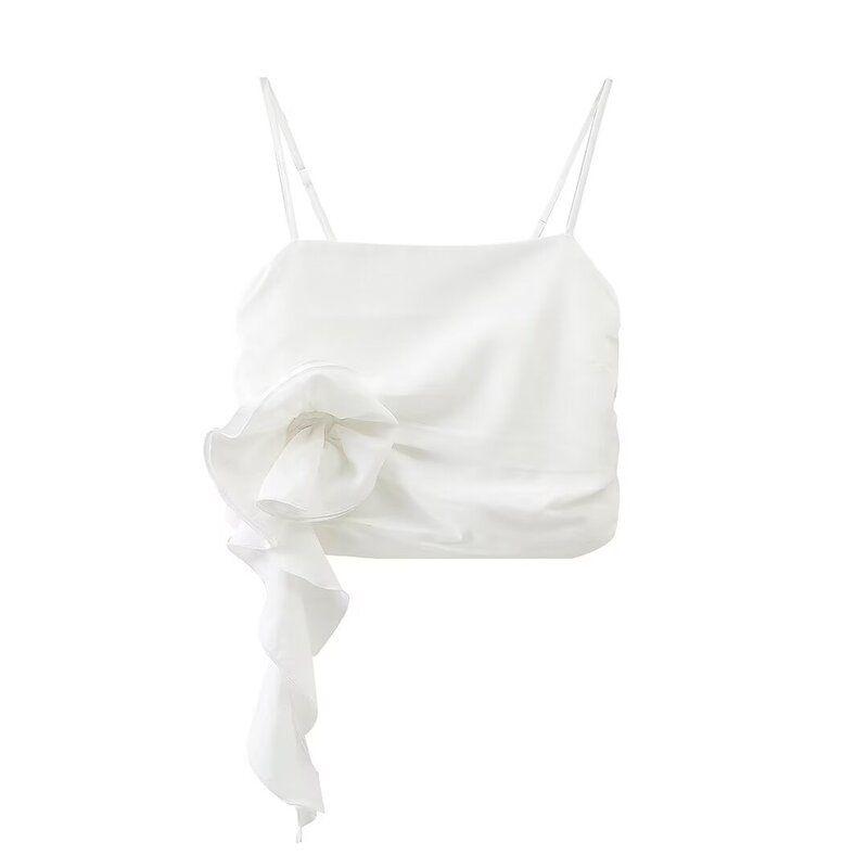 Fashion Style 2024 Spring and Summer New Women's Three-Dimensional Flowers Ruched Decoration Small Sling Slim-Fit Crop-Top 67086345