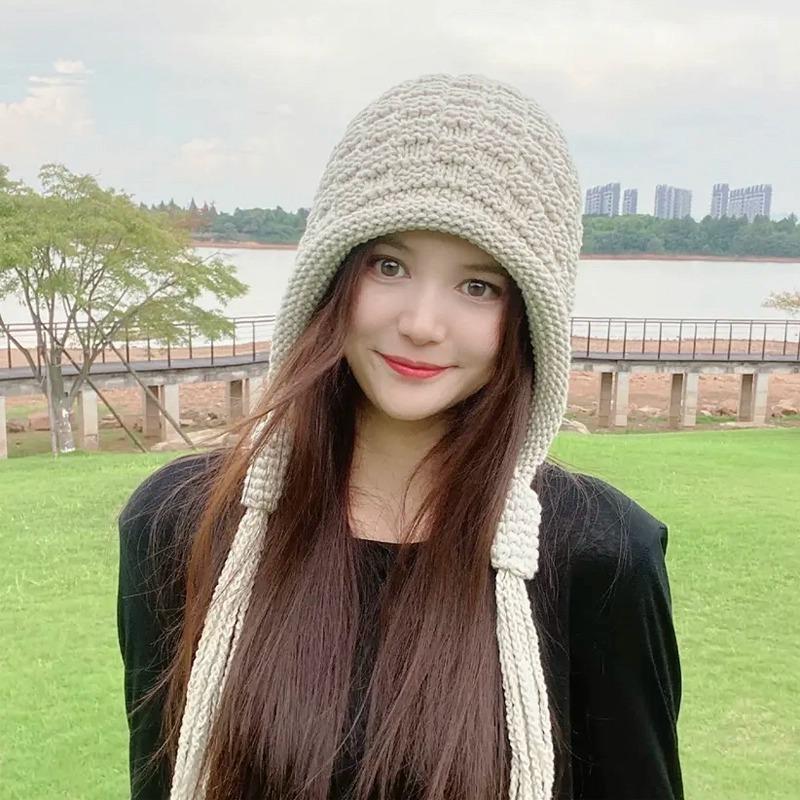 Tassel wool hat women's autumn and winter warm ear protection red knitted hat sweet versatile pullover cold hat