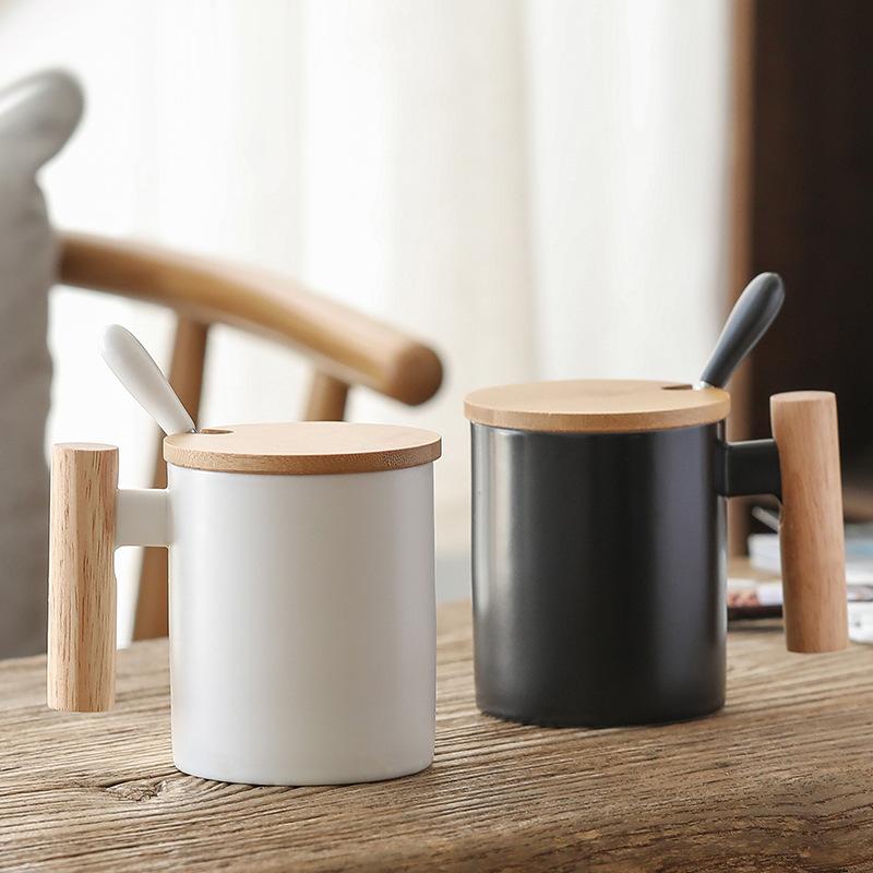 1pcs 310ml Ceramic Wooden Handle Coffee Cup with Lid and Spoon Coffee Milk Cup Couple's Mug Office Kitchen Water Cup Gift Cup