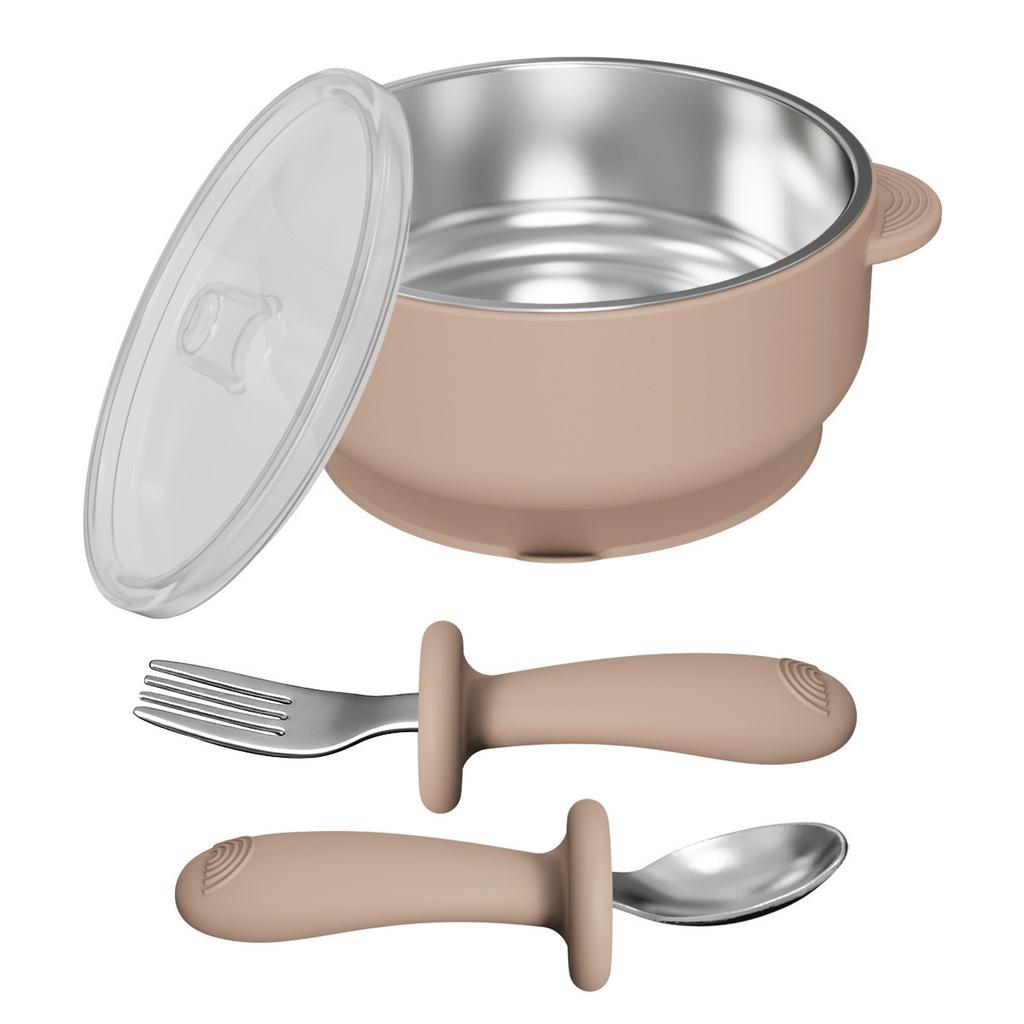 Baby Feeding Bowl Set with Stainless Steel Bowl Silicone Suction Base Fork and Spoon Toddler Tableware Set with Lid for Infant Mealtime