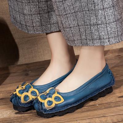 Женские туфли из коровьей кожи, мягкая подошва, неглубокий вырез, плоский каблук, удобные туфли для мамы, одинарные туфли с цветком, круглый носок, средний каблук, туфли Doudou