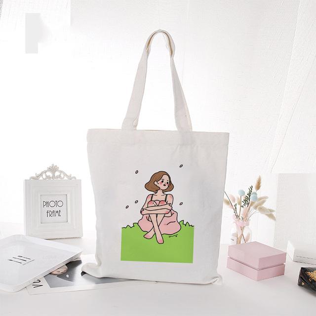 Kawaii Little Girl Print Shopping Canvas Tote Bag Harajuku Aesthetic Reusable Shopper Shoulder Bag Handbag Student Book Bags