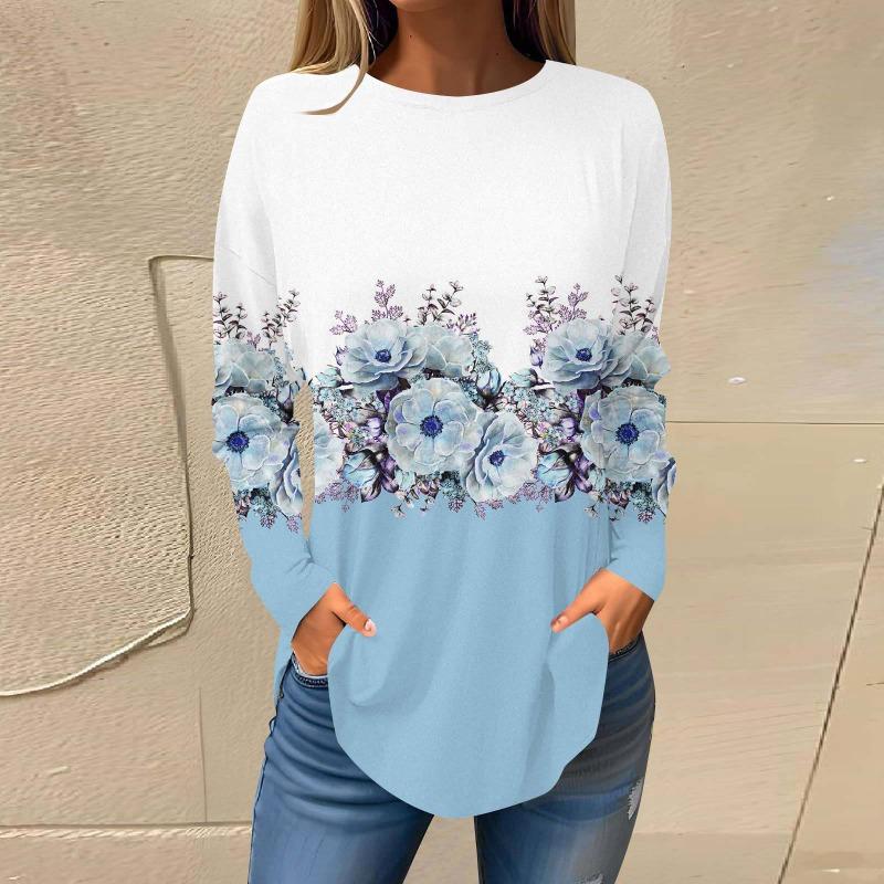 Повседневный топ с круглым вырезом и длинным рукавом, цветочная модная женская футболка большого размера с 3D-принтом, женские осенние свободные топы