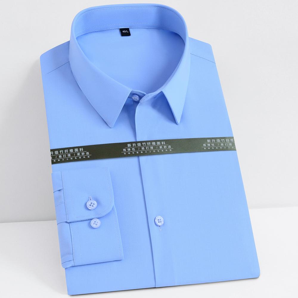 Мужская эластичная рубашка из бамбукового волокна классического кроя с длинным рукавом однотонная на пуговицах - Формальная одежда для зрелых мужчин - Идеально подходит для всех сезонов