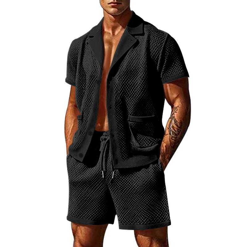 Seaside Beach Sexy Two Piece Sets Mens Fashion Hollow Out Breathable Mesh Shirts and Shorts Suits Men Daily Leisure Mesh Outfits