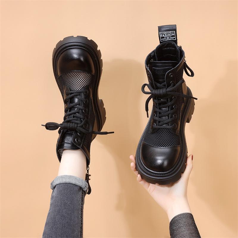 2025 Женские ботинки Мартин в британском стиле из сетки и кожи - Дышащие, на толстой подошве, перфорированные, короткие ботинки для лета