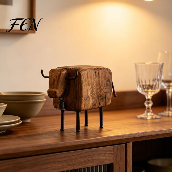 Pastoral Decorative Piece for Shelf Rustic Sheep Figurine with Bell, Faux Wood Resin Farmhouse Lamb Statue, Retro Style Ornament Bell Vintage Country