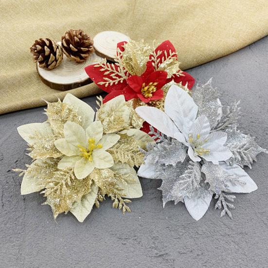 10Pcs/Set Christmas Artificial Flower Glitter Leaves Red Golden Silver-color Layered Xmas Tree Wreath Decoration Fake