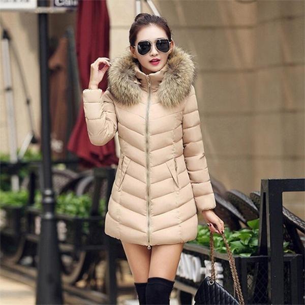 Women's Cotton Coat Long Section Slim Cotton Jacket Large Fur Collar Down Cotton Coat