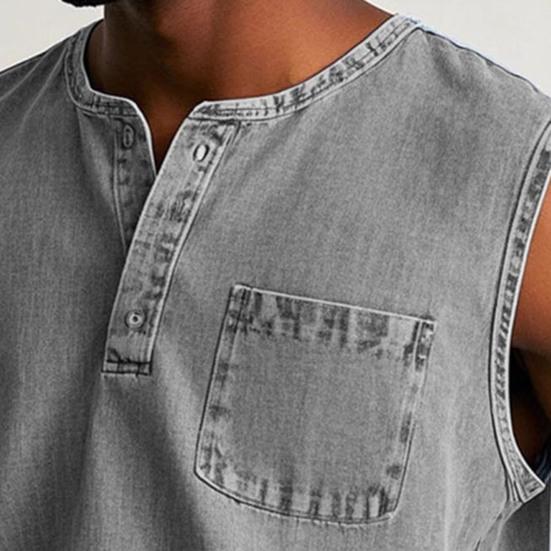 Men Tops Sleeveless Round Neck Buttons Half Placket Solid Color Camisole