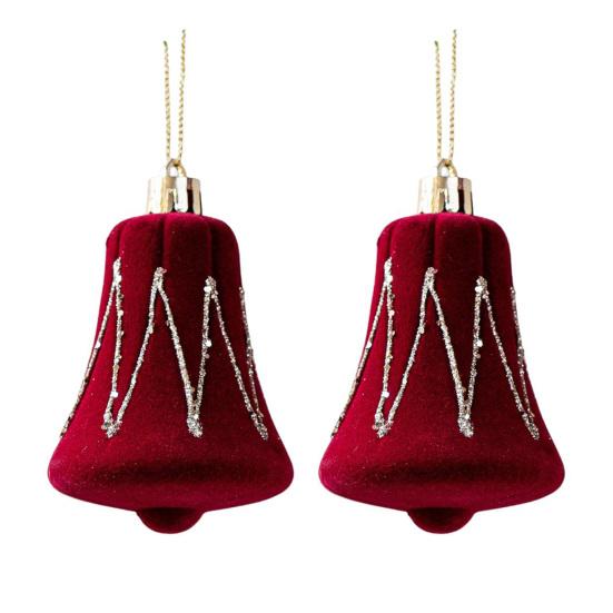 2 Pcs Velvet Christmas Ornaments Shatterproof Glitter Sequins Flocked Bell/Candy Cane/Ice Isicle Hanging Decoration for Xmas Tree Holiday Party Decor