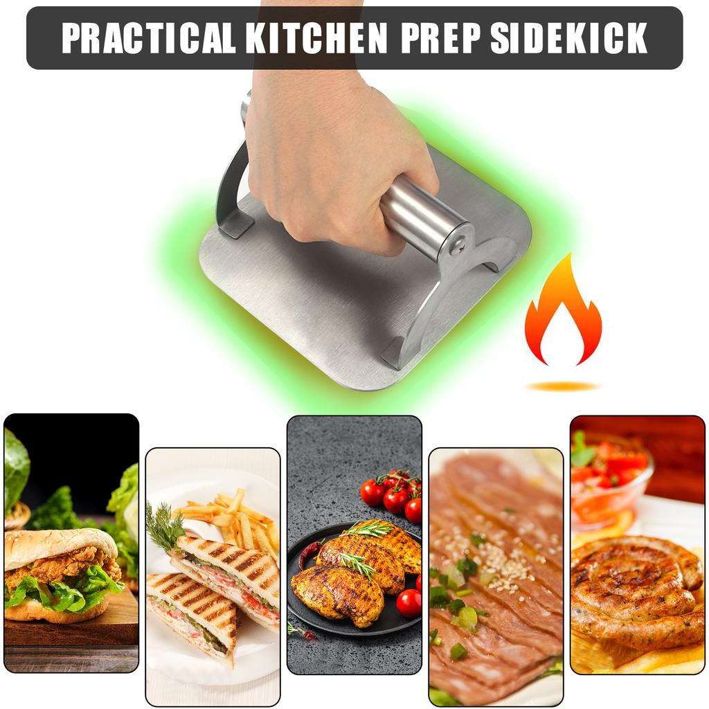 Пресс для гамбургеров с антипригарным покрытием и эргономичной ручкой. Пресс для гамбургеров из пищевой нержавеющей стали. Сосиска с беконом.