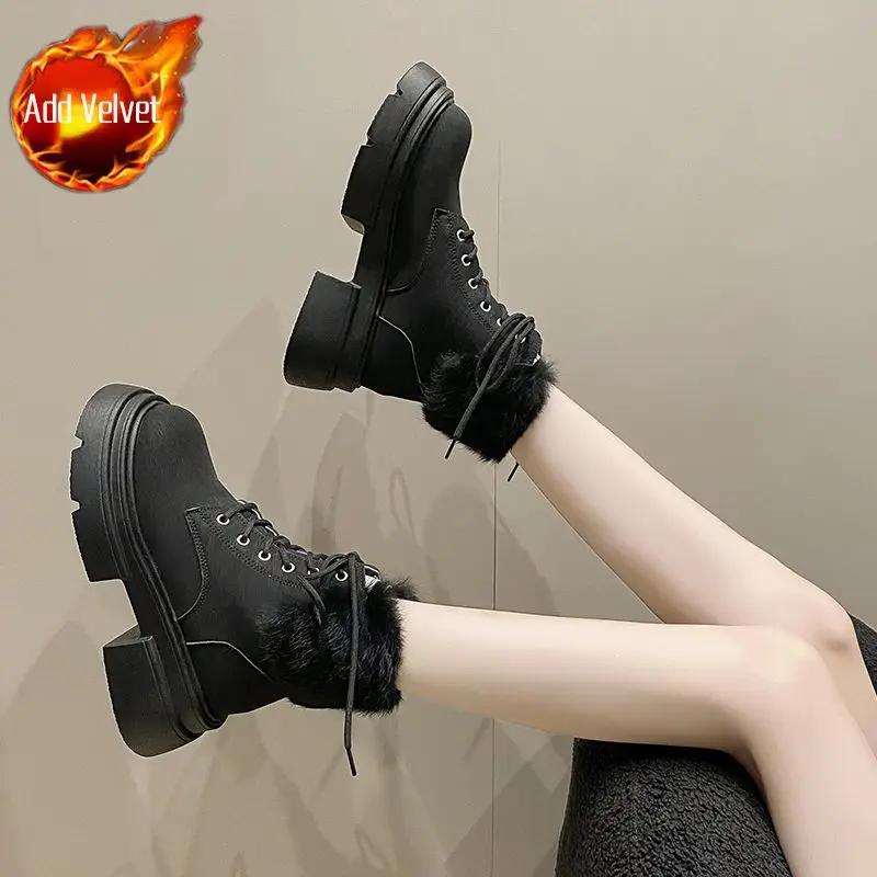 Элегантные на шнуровке на среднем каблуке с круглым носком шнурки женская обувь мода весна 2024 39 большой размер теплые на молнии женские зимние ботинки