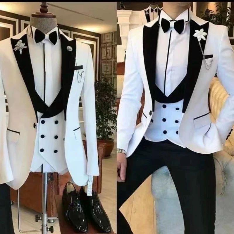 Slim Fit White Men Suits 3 Piece Groom Tuxedos for Wedding Groomsmen Italian Style Suit Jacket with Double Breasted Vest Pants
